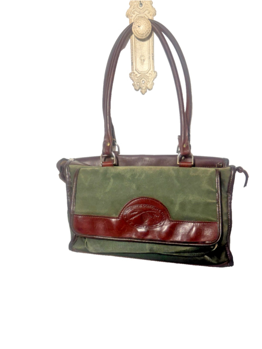Orvis Company Battenkill Brown Leather Green Canvas Messenger Bag Briefcase